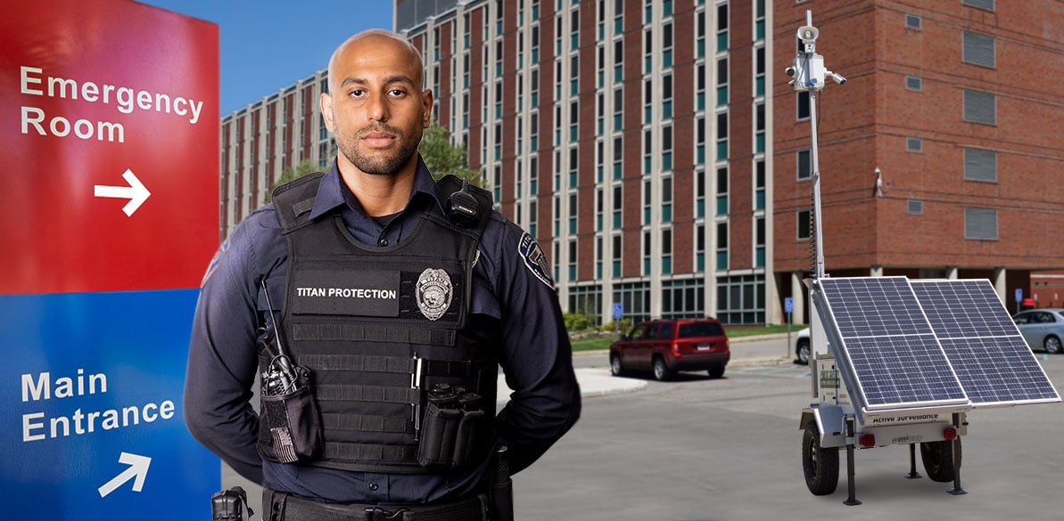 Hospital security guard monitoring perimeter entry point at night